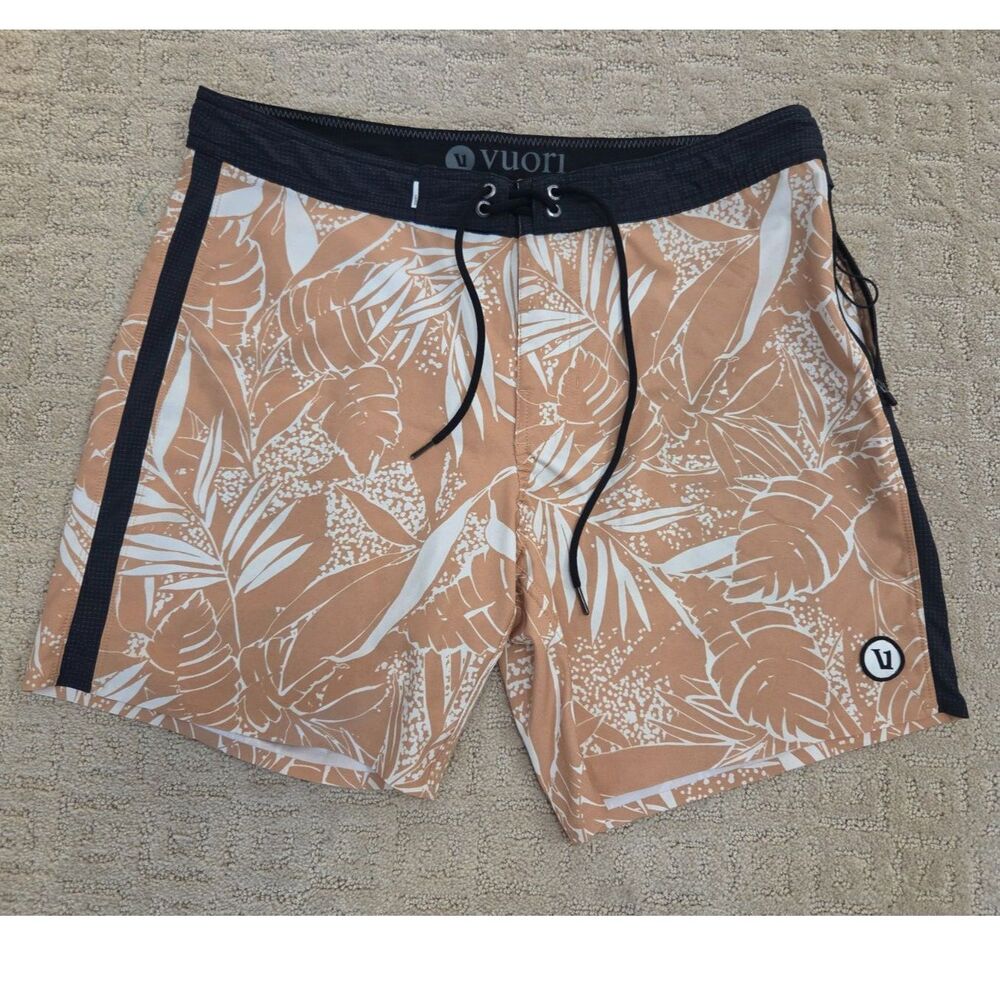 Vuori Peak Board Shorts Mens Size 32 Orange White Tropical Leaf Unlined Swim